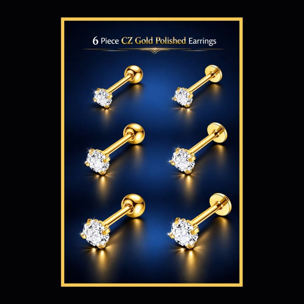 Gold Stainless 6pc Hypo CZ Cartilage Stud Earrings Threaded & Threadless 16g